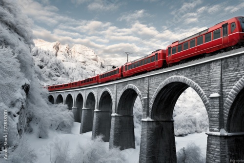 Red train traveling over snow covered bridge.