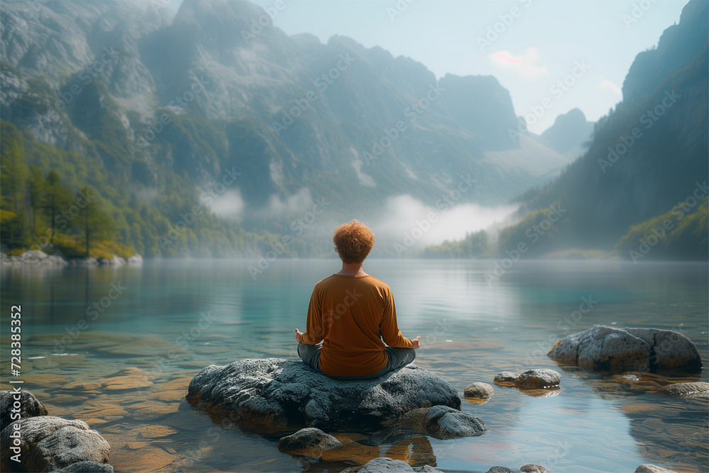 Experience serenity with a man meditating in nature—a high-quality, ultra-HD image capturing mindfulness in a tranquil, meticulously designed environment.