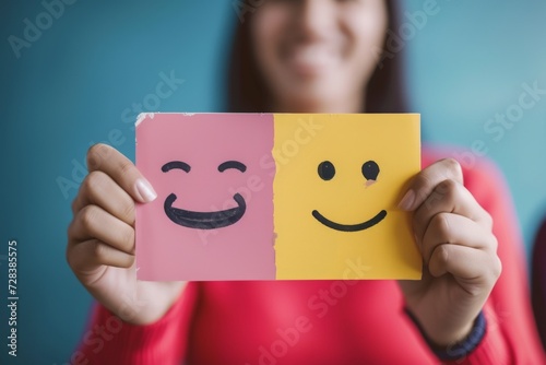 Happy Smiley Emoji laughing face Emoticon, colored Symbol client feedback. Smiling face customer care. Joyfull intimacy big smile. two way communication client rating and customer feedback photo
