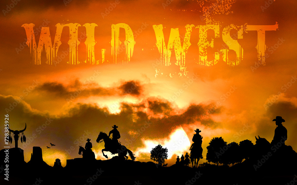  Silhouette Cowboys auf Pferden bei Sonnenuntergang - Wester Wildwest Tradition - Amerika USA