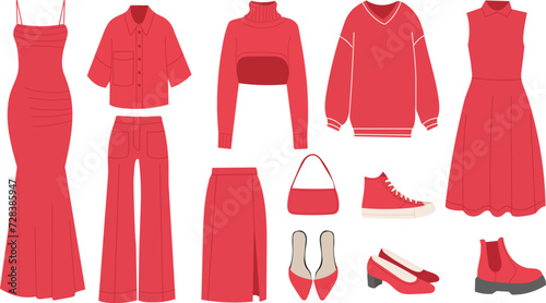 set of red women's clothing fashionable bow in flat style, vector