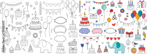 set of icons in doodle style for birthday vector