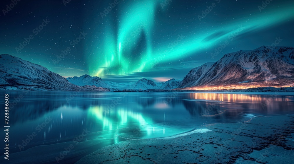 A serene winter night, where the majestic mountains meet the shimmering lake, as the aurora dances in the starlit sky