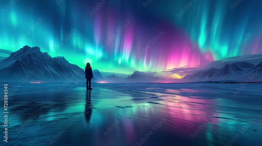 Amidst the tranquil winter night, a solitary figure basks in the ethereal glow of the aurora dancing above the majestic mountains and shimmering waters of the beach
