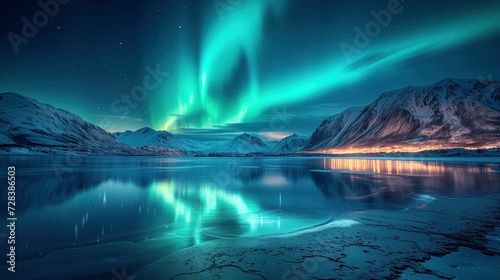 A serene winter night, where the majestic mountains meet the shimmering lake, as the aurora dances in the starlit sky
