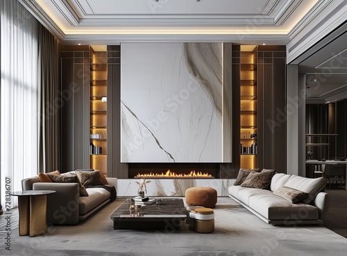living room, fireplace and expensive interior of a luxurious country house with a modern design with wood and led light.
