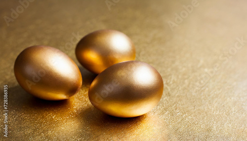 Golden Easter eggs on golden background. Happy Easter concept. Copy space