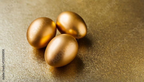 Golden Easter eggs on golden background. Happy Easter concept. Copy space