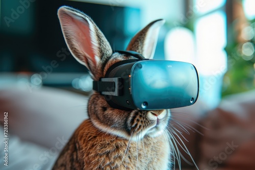 Bunny wearing Virtual reality goggle. Futuristic technology concept. Generative AI photo