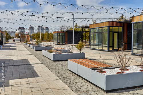empty street shopping pavilions and cafes in Astana, Kazakhstan
