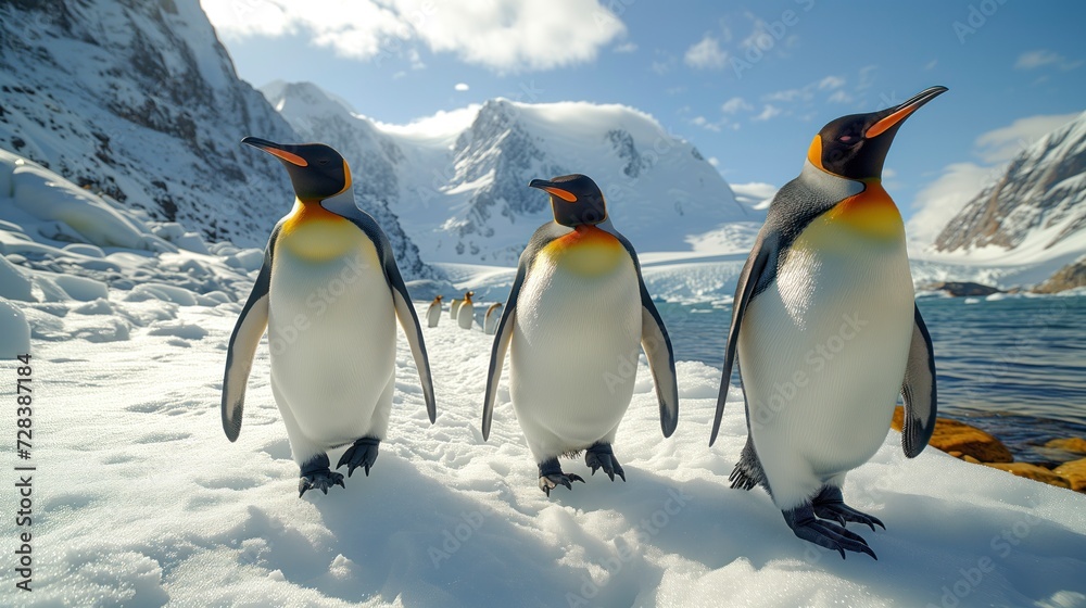 Obraz premium A majestic gathering of emperor, adalie, and king penguins gracefully traversing the wintry glacial landforms, their sleek flightless bodies blending seamlessly with the snowy backdrop as they stand 