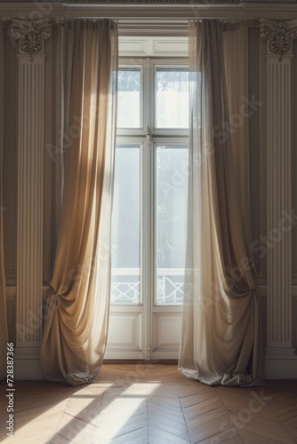 A room with a large window and curtains. Perfect for interior design projects or showcasing natural light.
