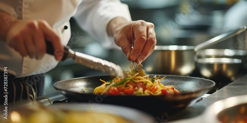 A person is seen in a kitchen using a wok to prepare food. This image can be used to showcase cooking, Asian cuisine, or culinary skills