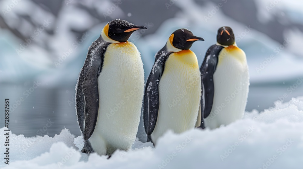 Fototapeta premium A majestic trio of emperor, king, and adaalie penguins braves the winter snow, standing tall as flightless aquatic birds in their natural outdoor habitat