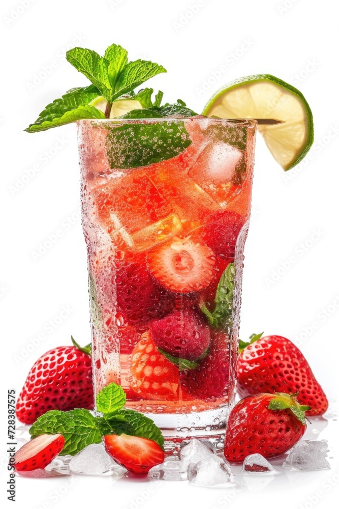 Refreshing glass of water garnished with fresh strawberries and a slice of lime. Perfect for a healthy and hydrating beverage option. Ideal for use in food and drink related projects Refreshing glass of water garnished with fresh strawberries and a slice of lime. Perfect for a healthy and hydrating beverage option. Ideal for use in food and drink related projects