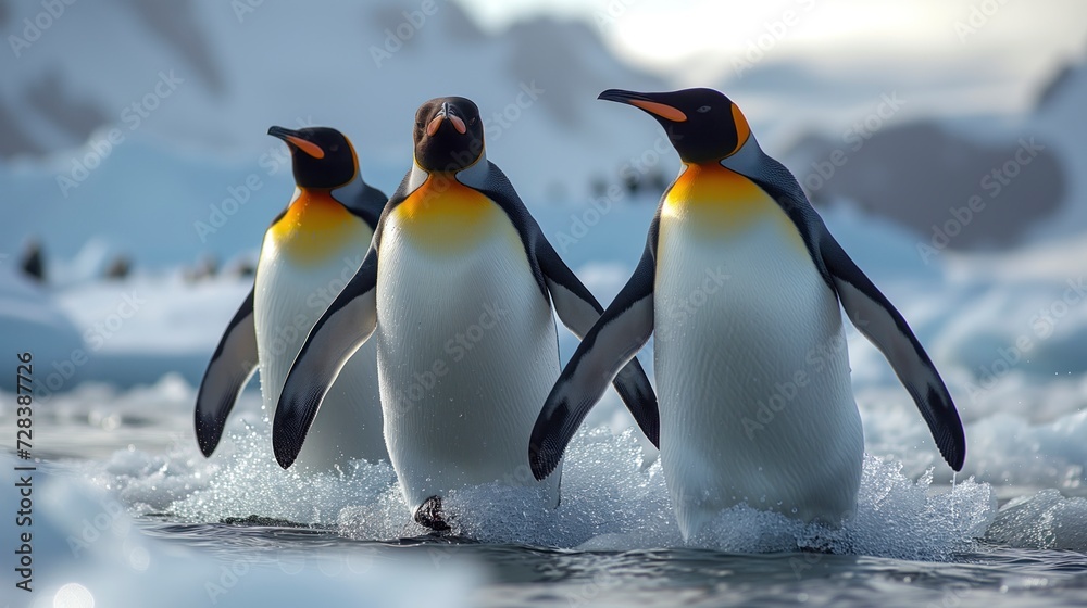 Fototapeta premium A majestic flock of diverse penguins gracefully glide through the frigid waters, showcasing their unique adaptations and showcasing the beauty of the great outdoors