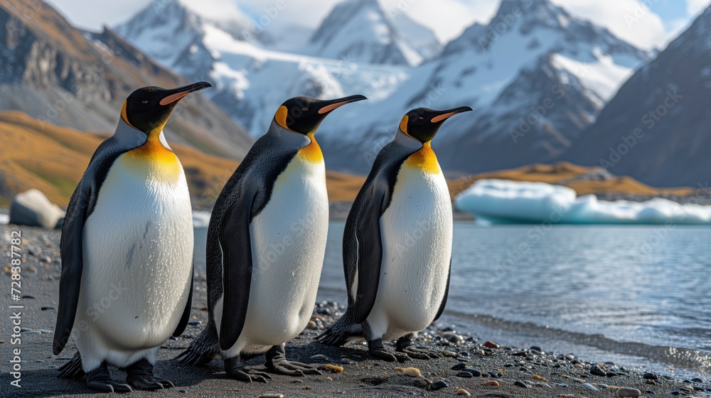 Fototapeta premium A diverse group of majestic penguins gather on a rocky beach, their sleek feathers and distinctive beaks standing out against the snowy mountain backdrop, showcasing the beauty of these flightless aq