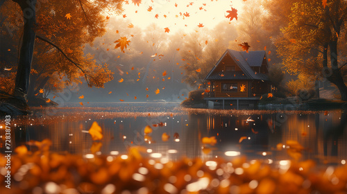 Capture autumn's tranquility with gently falling leaves in a serene fall landscape, embodying the peaceful essence of the season.