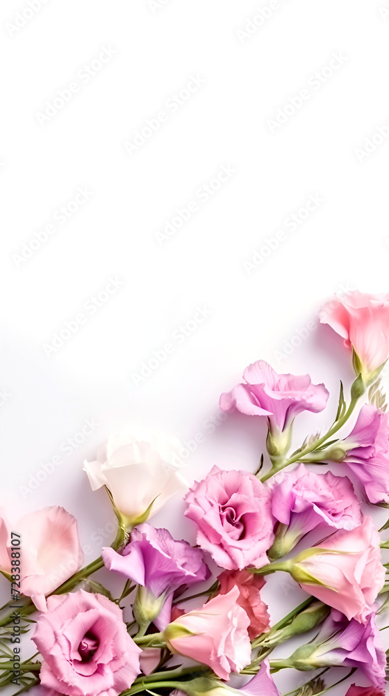 Pink eustoma flowers on white background. copy space, text space, template, layout, mockup