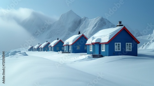 Amidst the freezing winter landscape, a row of blue houses stands proudly against the glacial mountains, creating a picturesque scene of serenity and resilience in the face of nature's harsh elements