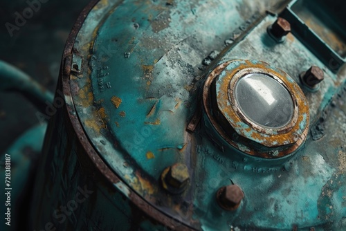 A rusted metal tank sitting on top of a green floor. Perfect for industrial or urban-themed designs