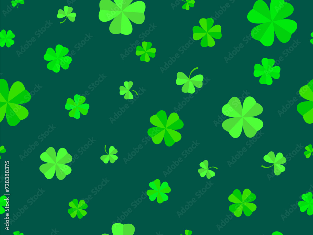 Seamless pattern with green clover leaves for St. Patrick's Day. Trefoil and four-leaf clover is a symbol of good luck. Design for promotional products, cards and prints. Vector illustration Seamless pattern with green clover leaves for St. Patrick's Day. Trefoil and four-leaf clover is a symbol of good luck. Design for promotional products, cards and prints. Vector illustration