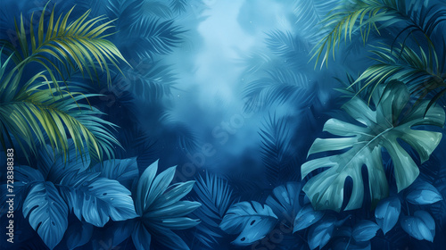 Discover tranquility with a watercolor rendering of exotic plants and palm leaves on an isolated white background  capturing the serene beauty of the blue hour.