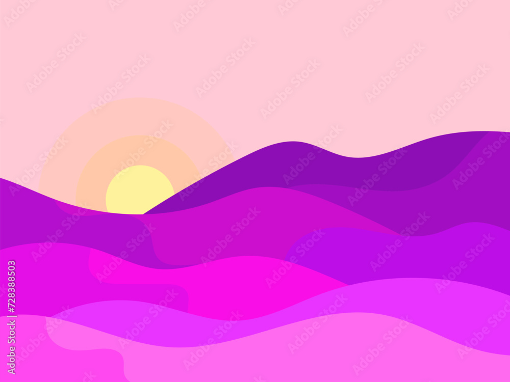 Landscape of wavy hills at sunset in a minimalist style. Dusk over the hills, purple and lilac shades. Boho decor. Design for printing banners, posters, book covers. Vector illustration Landscape of wavy hills at sunset in a minimalist style. Dusk over the hills, purple and lilac shades. Boho decor. Design for printing banners, posters, book covers. Vector illustration