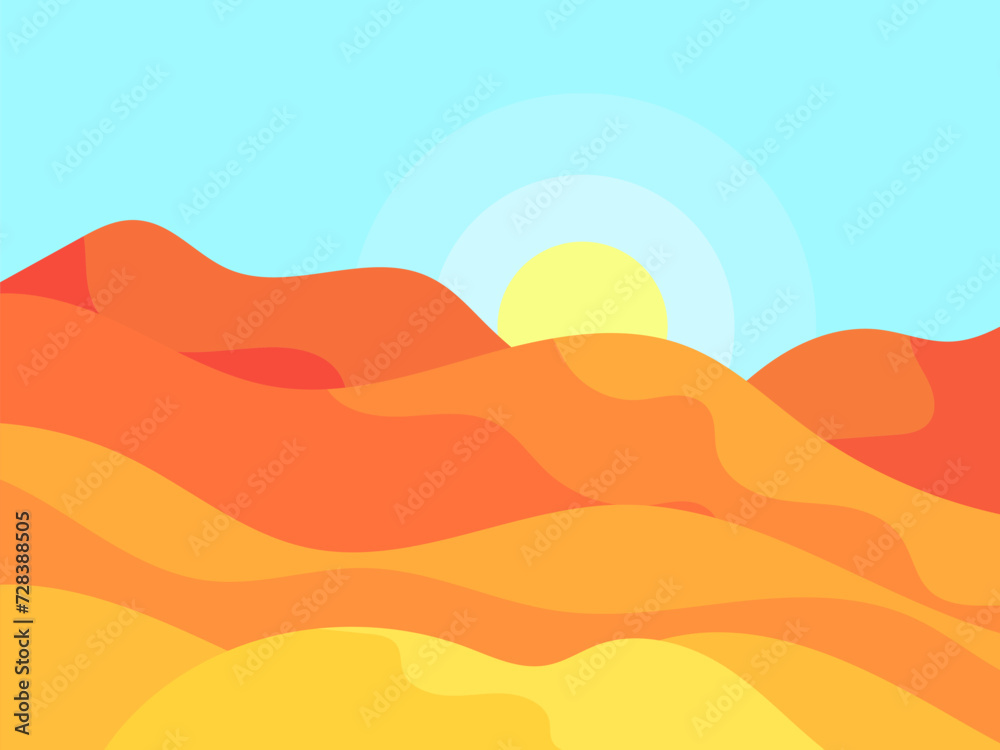 Desert landscape with dunes and sun in a minimalist style. Desert wavy landscape with sun. Design for printing banners, posters, book covers. Vector illustration