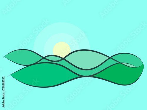 Landscape with green hills and sun in line art style. Modern sunrise design with green meadows. Dawn over green fields. Design for posters, prints and banners. Vector illustration