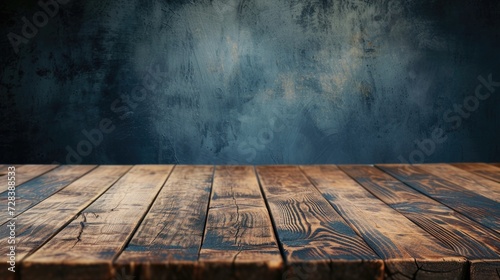 A simple wooden table with a blue wall in the background. This versatile image can be used for various purposes