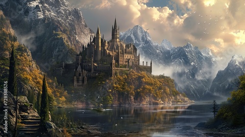 Digital illustration of a landscape with a medieval fantasy castle © Suleyman