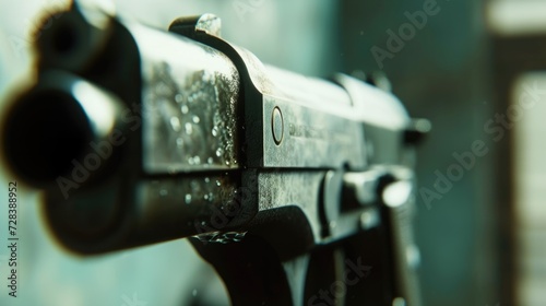 A close-up view of a gun placed on a table. This image can be used to depict themes related to crime, safety, or law enforcement