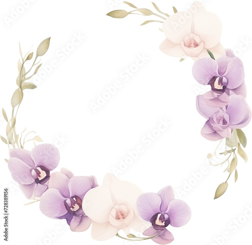 watercolor illustration floral wreath with lavender and ivory orchids and green eucalyptus on transparent background. Wedding flower. wedding invitations decoration.