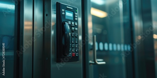 A close-up view of a door with a phone attached. This image can be used to depict communication or technology concepts