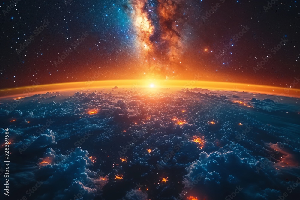 Fototapeta premium Astro-Chic A Stellar Sunset Over the Clouds Generative AI