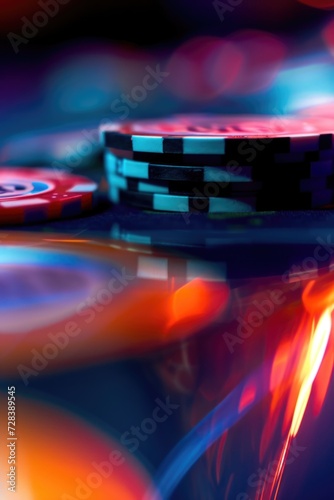 A pile of poker chips sitting on top of a table. Perfect for casino-themed designs or gambling-related projects