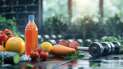 A bottle of juice is placed next to a colorful bunch of fresh vegetables. This image can be used to promote healthy eating or as a concept for a balanced diet