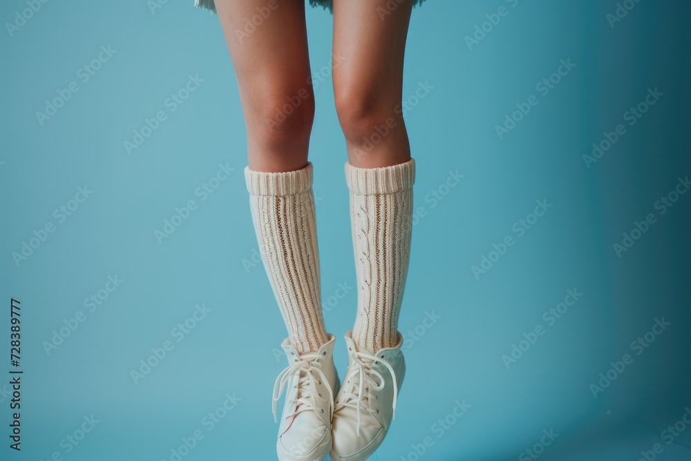 A person is pictured wearing white socks and white shoes. This image can be used to showcase fashion, footwear, or everyday clothing choices - obrazy, fototapety, plakaty 