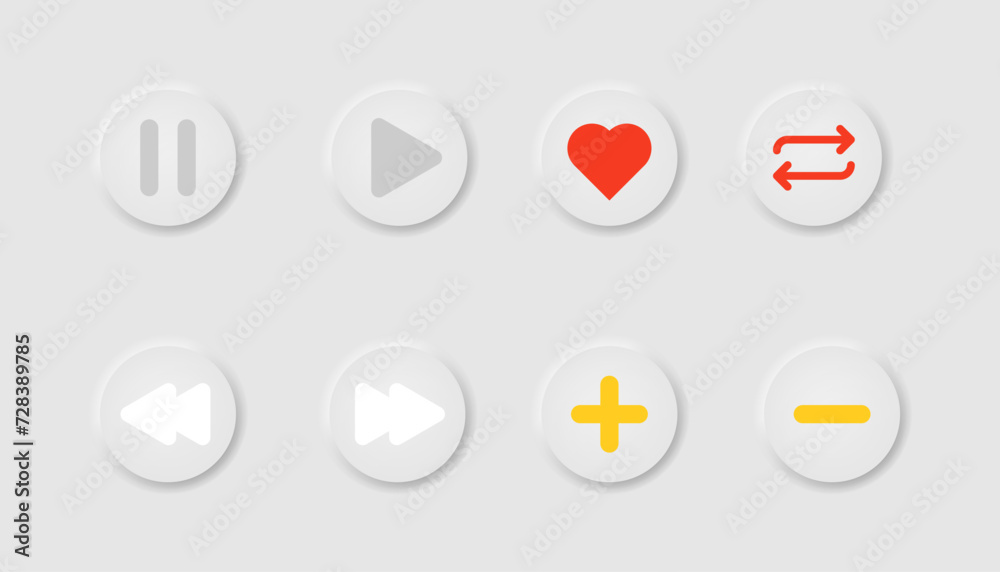 Online media player in neumorphism style, ui soft buttons design. Vector illustration. Online media player in neumorphism style, ui soft buttons design. Vector illustration.