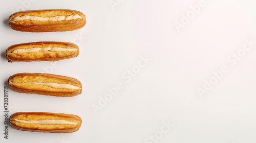 food advertising with eclairs on a plate on white background, with empty copy space