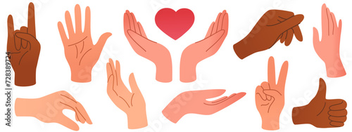 Set of hands in doodle style human arms. Vector different man woman hands showing peace sign, heart, thumbup isolated on the white background