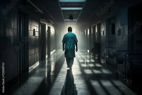 back view of a doctor walking down a dark hospital corridor