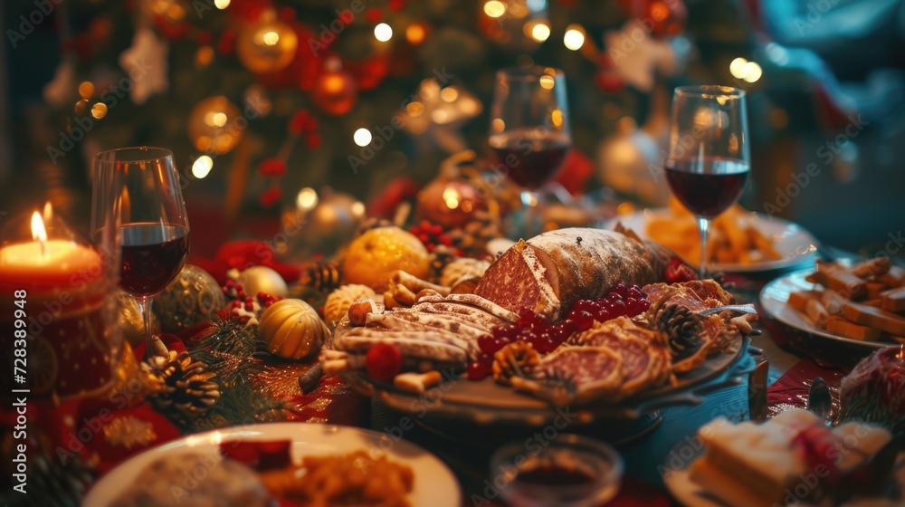 A table filled with plates of delicious food and glasses of wine. Perfect for restaurant menus or food and drink advertisements A table filled with plates of delicious food and glasses of wine. Perfect for restaurant menus or food and drink advertisements