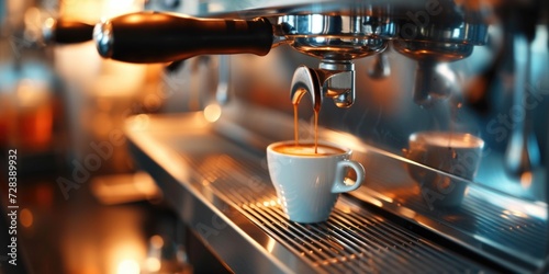 A cup of coffee being poured into a coffee machine. Perfect for illustrating the process of making coffee. photo