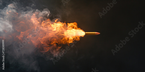bullet is shot in the air with a glowing flame, slow motion, on dark background