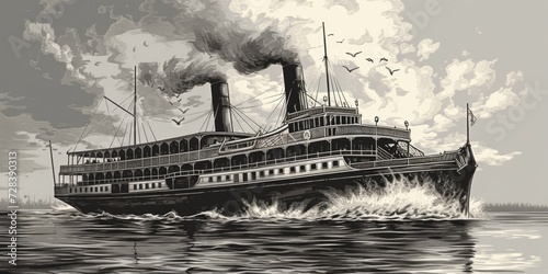 Fototapeta A black and white drawing of a steam ship