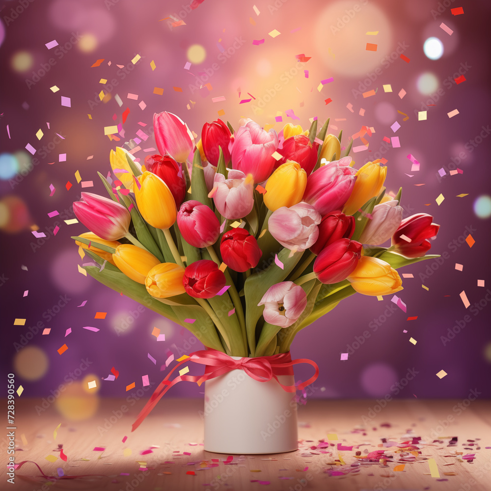 Obraz premium Bukiet kolorowych tulipanów. Kartka na dzień kobiet 8 marca. Piękny bukiet kwiatów na prezent.