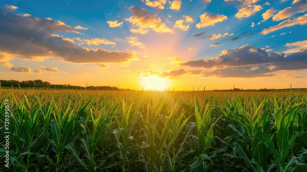 Fototapeta premium A beautiful sunset over a vibrant corn field. Perfect for agricultural, nature, and landscape themes