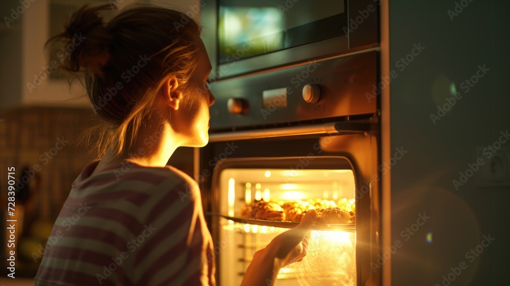A woman standing in front of an open oven, looking inside at the food cooking. This image can be used to depict cooking, baking, or home cooking A woman standing in front of an open oven, looking inside at the food cooking. This image can be used to depict cooking, baking, or home cooking